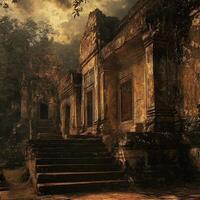 Ancient stone temple facade and steps amidst jungle foliage photo