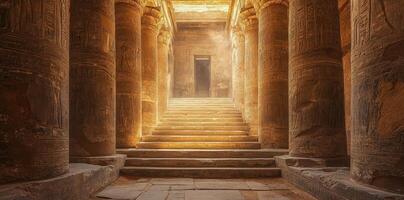 Ancient egyptian temple interior showcasing columns steps and sunlight photo