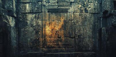 Ancient stone wall section features carved rectangular design element photo