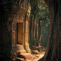 Ancient temple ruins are engulfed by nature and vibrant sunlight photo