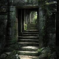 Ancient stone staircase leads to jungle temple ruins entrance photo