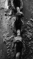 A weathered chain is embedded in heavily textured surface photo