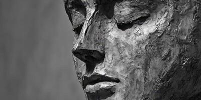 Close up view of the detailed sculpture face in grayscale photo