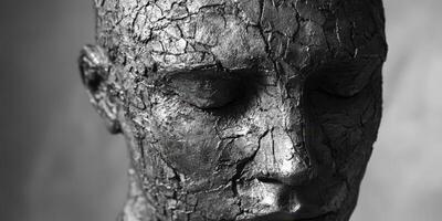 Cracked and textured face sculpture with closed eyes in monochrome photo