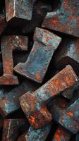 Stack of rusty metal axe heads showing wear and tear photo