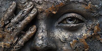 Fragmented sculpture depicts a face partially obscured by a hand photo