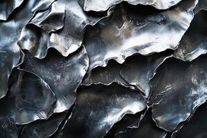 Abstract silver artwork displays flowing metal sheets arranged intricately photo