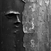 Abstract face emerges from peeling paint on metal surface photo
