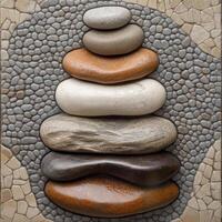 Smooth stones stacked artistically with pebble background and stone border photo