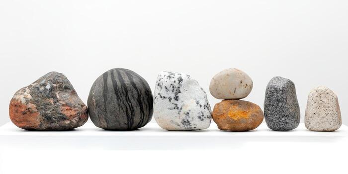 Seven diverse rocks displayed in a row on a shelf photo