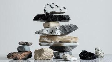 Stack of carefully balanced stones showcases natural textures and patterns photo