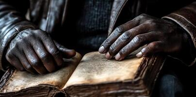 Hands resting on an antique open book with text photo