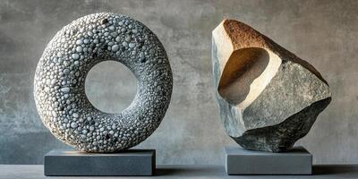 Two unique stone sculptures presented on small square pedestals photo