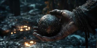 A weathered hand holds a dark textured spherical artifact photo