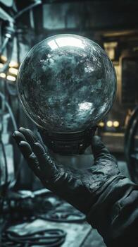 Hand holds a mysterious glowing orb in a workshop photo