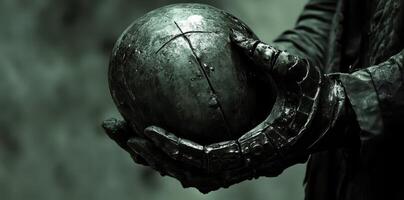 Armored hand holds worn sphere etched with intersecting lines photo