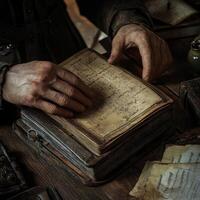 Man carefully examines an old worn leather bound book photo