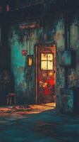 Grunge interior showing an open door with bright light behind photo
