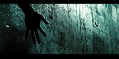Desperate hand reaches toward a dark and textured surface photo