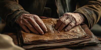 An elderly man reading a very old brittle looking book photo