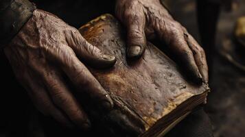 Aged hands carefully hold a worn and weathered ancient book photo