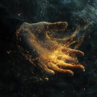 Human hand holding swirling galaxy of golden light particles photo