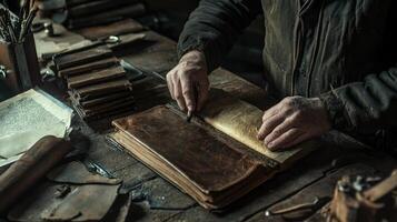 Craftsman meticulously works on an old leather bound book photo