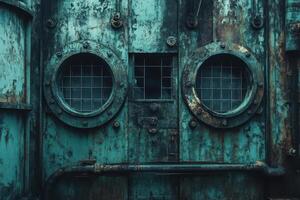 Old industrial structure with rusted metal and circular windows photo