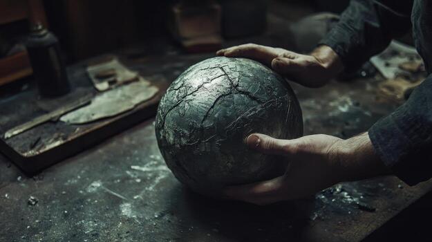 Hands cradle a cracked metallic sphere on a cluttered workbench photo