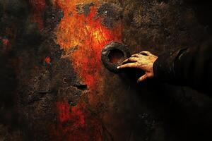Dirty hand reaching for a metal ring on rusty surface photo
