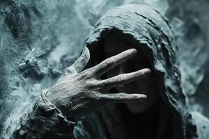 Hooded figure obscured by ash revealing a gesture with hand photo
