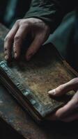 Hands gently hold a weathered and ancient leather bound book photo