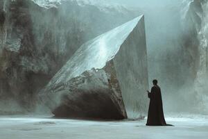 A robed figure observes a colossal geometric monolith in cavern photo