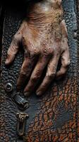 Worn hand rests on aged textured leather surface closeup photo