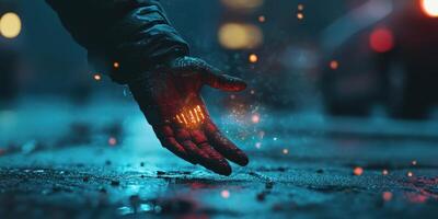Cybernetic hand glows red over wet surface at night photo