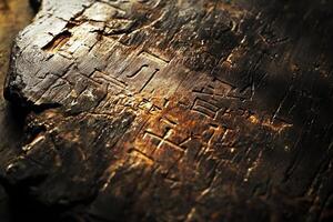 Ancient artifact displays carved symbols on a dark textured surface photo