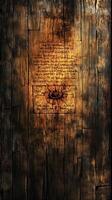 Ancient weathered wooden surface etched with cryptic symbols and text photo