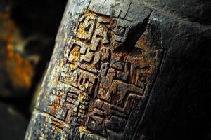 Ancient stone carving displays intricate patterns and possible glyphs photo