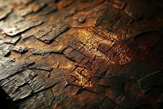 Textured surface of aged wood with carved mysterious inscriptions photo