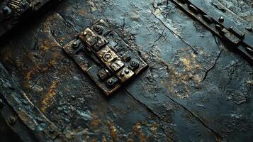 Old wooden chest lid with metal lock and hardware photo