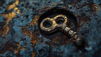 A weathered vintage key rests in a rusty keyhole photo