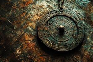 Ancient and intricate metal pendant hangs against textured surface photo