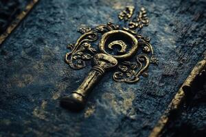 Ornate golden key rests against a textured stone surface photo