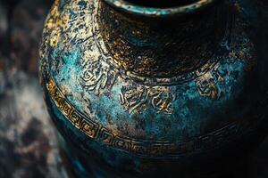 Close up of an antique blue and gold ornamented vase photo