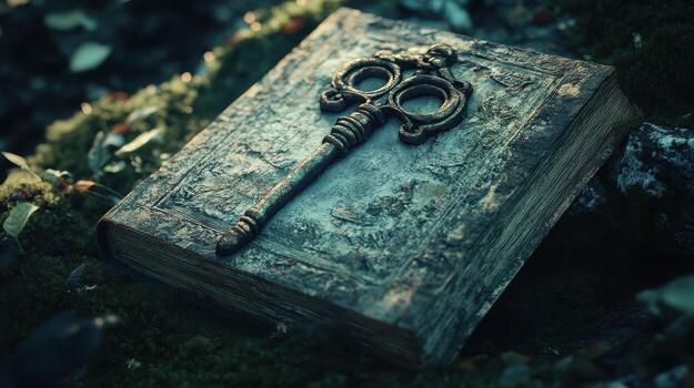 An ancient book lies covered in moss with ornate key photo
