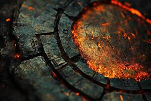 Ancient stone portal glows with fiery molten core within photo