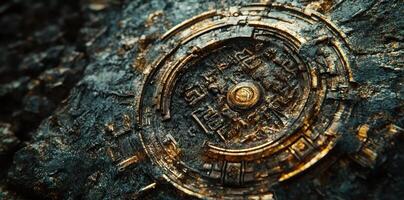 Ancient metallic artifact partially embedded in stone with glyphs photo