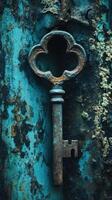 An old rusty key contrasts against a weathered turquoise surface photo