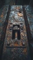 Heavily rusted iron mechanism with bolts and central fixture photo