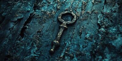 Antique ornate key resting upon a textured blue surface photo